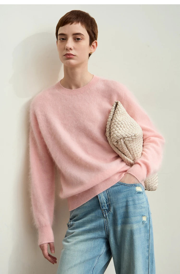 Damenpullover aus Strick mit O-Ausschnitt, lockerer Schnitt, rosé/pastellrosa
