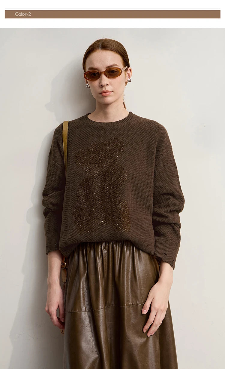 Damen-Rundhalspullover Jacquard Aushöhlung Perlenstickerei locker Winter
