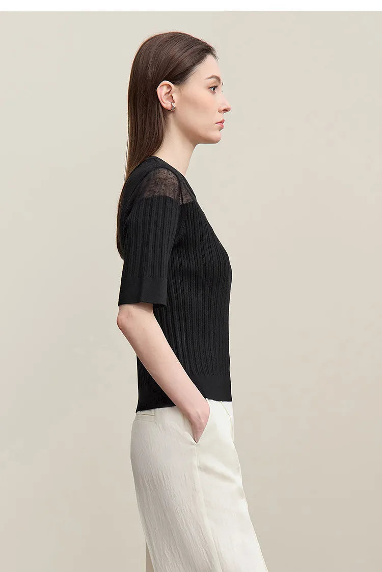 Damen-Stricktop, schwarz, seitliche Ansicht, halbarm, gerader Schnitt mit Mesh am Halsausschnitt
