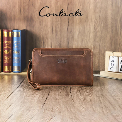 Braune Herren-Handtasche aus Leder mit Metallschloss und Reißverschluss-Vorderseite