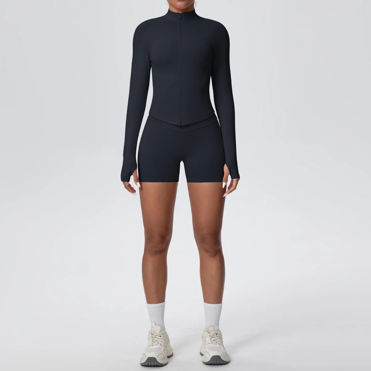 Damen-Yoga-Set mit hochtaillierter Shorts und langärmligem Zip-Top, dunkel
