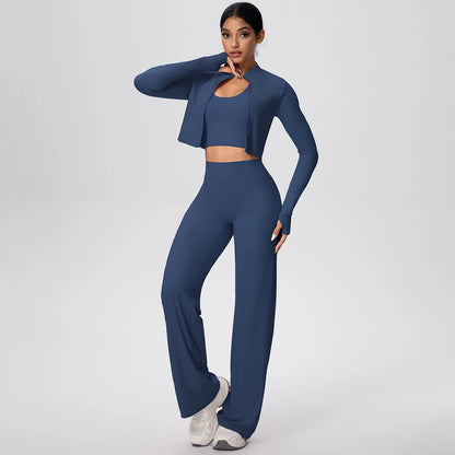 Damen Yoga-Set: langarmiges Crop-Top und weite Hose, navyblau (Arm nach oben)