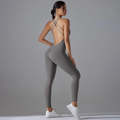 Damen-Yoga-Bodysuit Rückansicht mit Trägerkreuz, ärmellos, langes Bein, grau