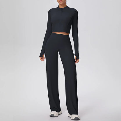 Schwarzes Yoga-Set für Damen: Zip-Crop-Top und lange, hochbundige Hose