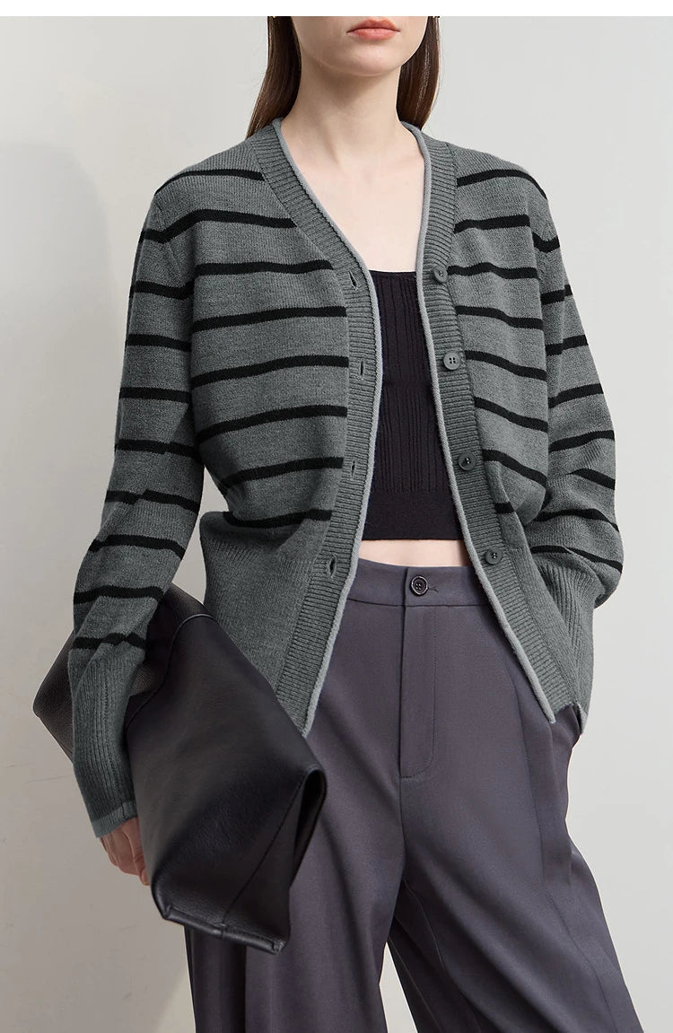 Damen-Strickjacke Streifen V-Ausschnitt locker Wolle Herbst-Winter