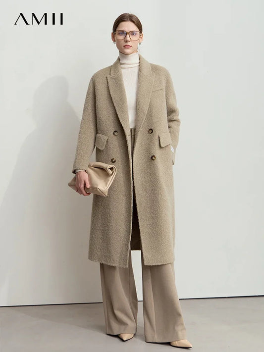 Damen Wollmantel im Minimalismus-Stil mit zwei Reihen und Taschen