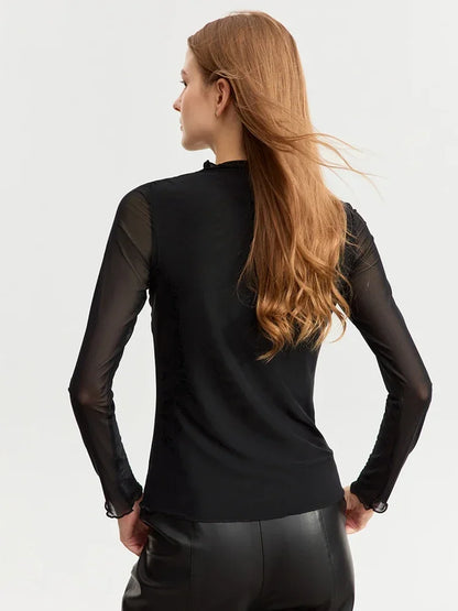 Damen T-Shirt aus gedrucktem Mesh mit slim-fit Halb Stehkragen