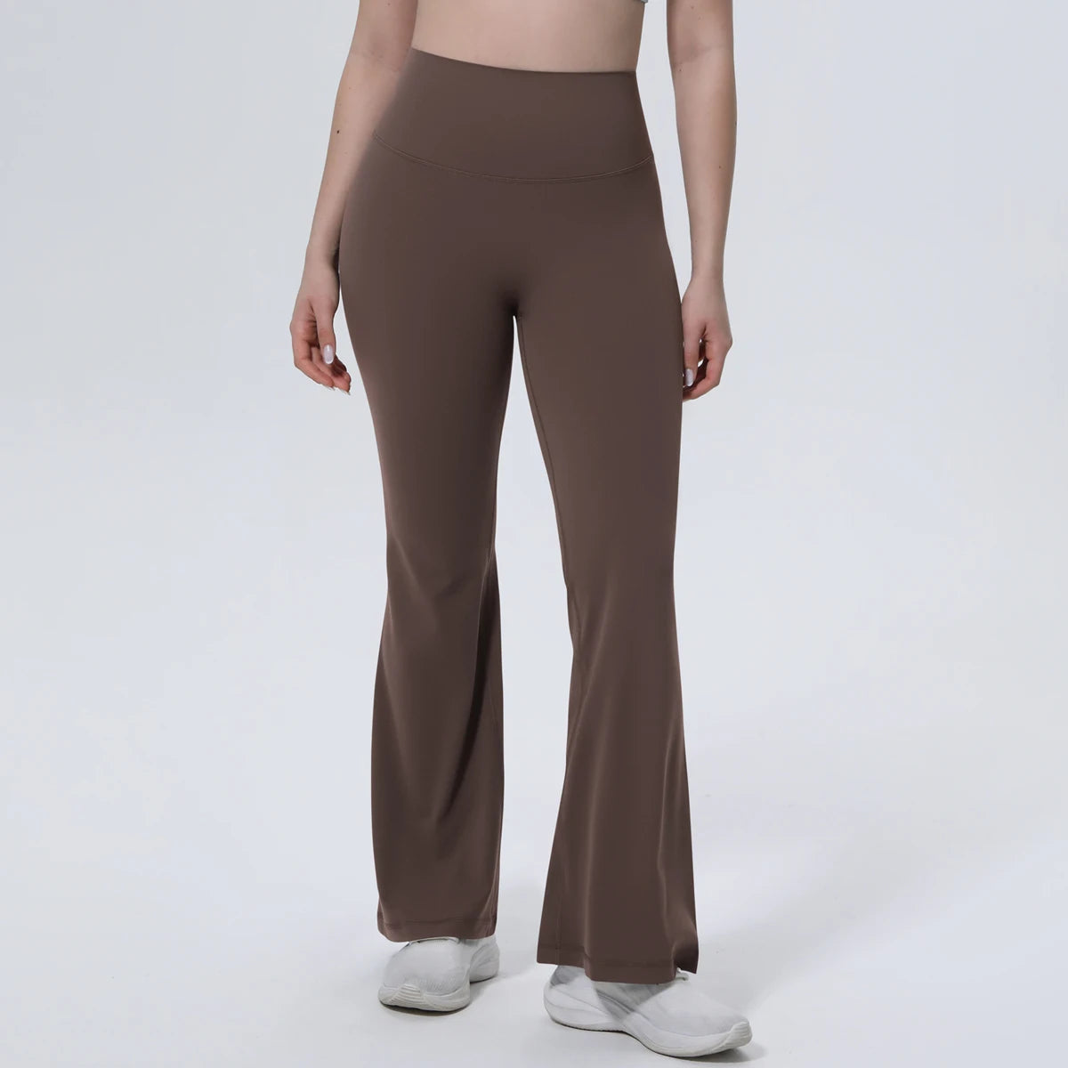 Damen-Sporthose mit hoher Taille, braun, ausgestelltes Bein für Yoga und Fitness