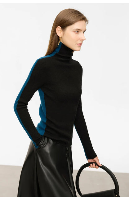 Damen-Rollkragenpullover 100 % Wolle Farbkontrast Slim Fit Frühling