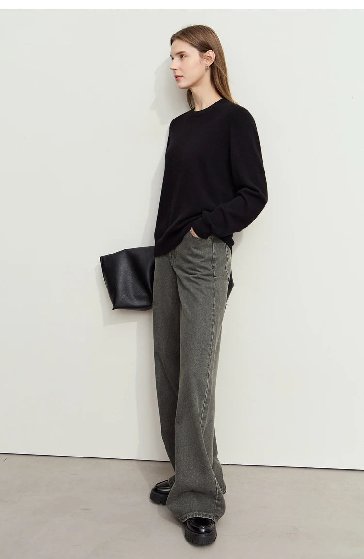 Damen-Rundhalspullover Wolle-Kaschmir nahtlos Streetwear Herbst-Winter