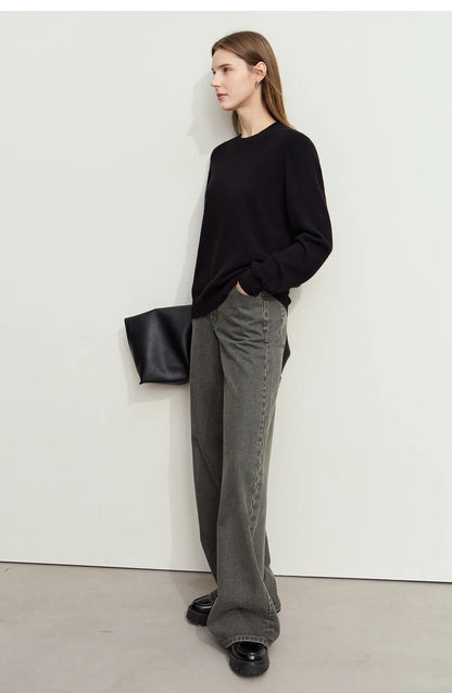 Damen-Rundhalspullover Wolle-Kaschmir nahtlos Streetwear Herbst-Winter