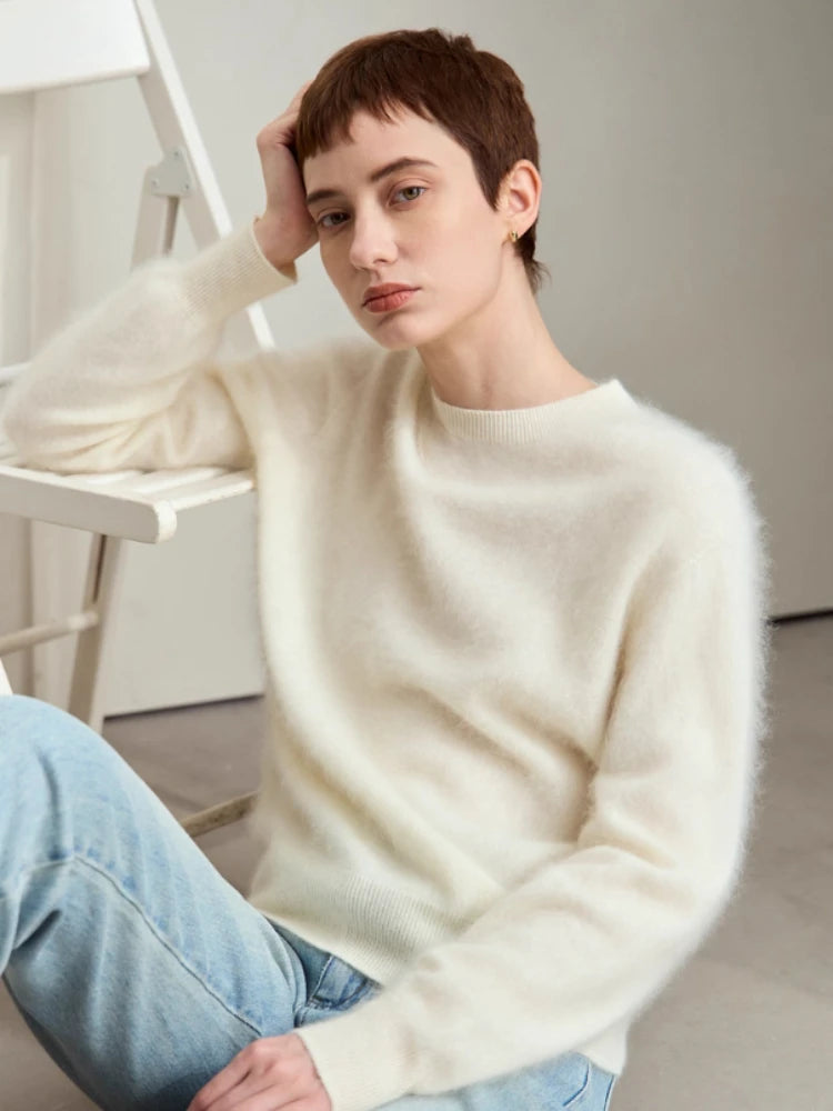 Damen-Kaschmirpullover mit O-Ausschnitt, lange Ärmel, cremefarben, weiche Strickoptik