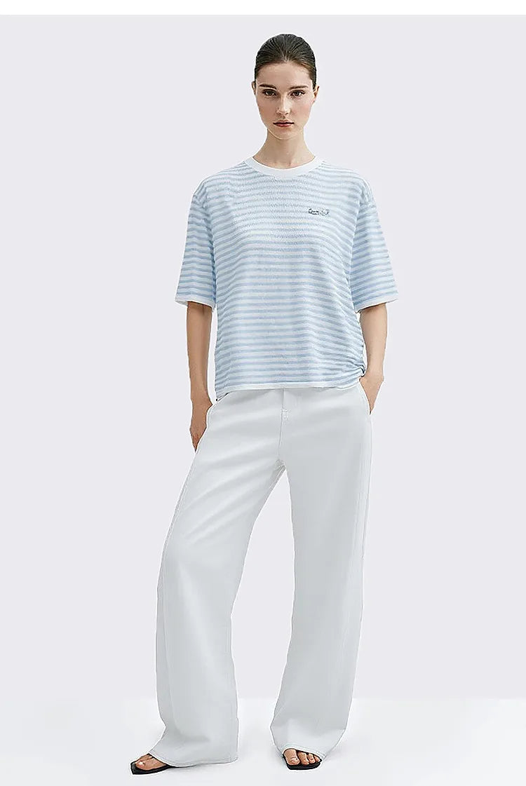 Damen-Rundhalspullover Colorblock Streifen Kurzarm locker Viskose Sommer