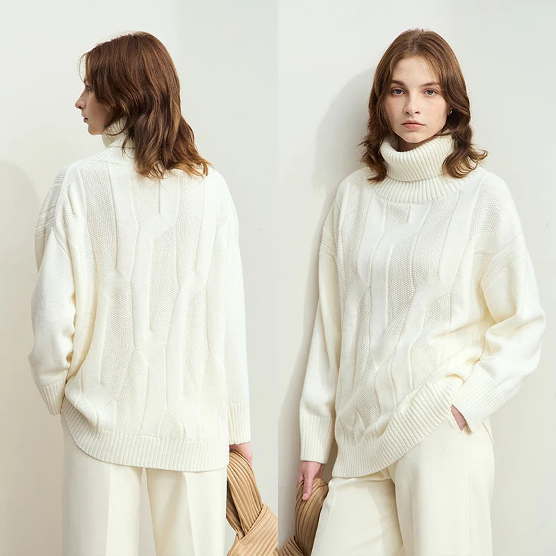 Off-weißer Damen-Rollkragenpullover im Strick-Look mit Zopfmuster und langen Ärmeln