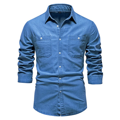Herren Hemd aus Baumwolle im einfarbigen Denim-Look mit Tasche