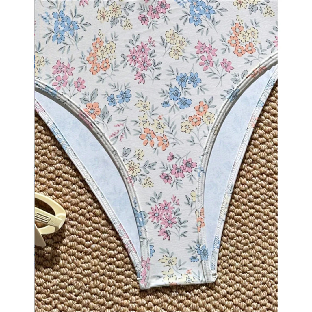 Damen Badeanzug Blumen V-Ausschnitt Neckholder Monokini hoher Beinausschnitt