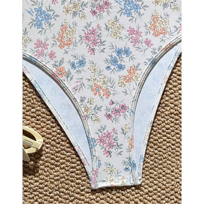 Damen Badeanzug Blumen V-Ausschnitt Neckholder Monokini hoher Beinausschnitt