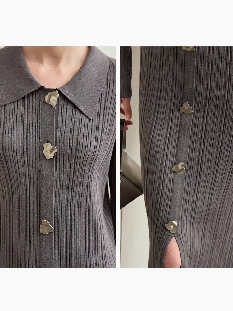 Elegantes Gestricktes Kleid Für Büro Damen Mit Kragen Und Knöpfen