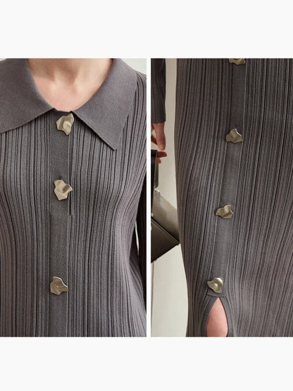 Elegantes Gestricktes Kleid Für Büro Damen Mit Kragen Und Knöpfen
