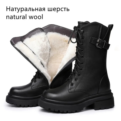 AIYUQI Women Boots Large Size Genuine Leather Thick Wool Warm Winter Biker Boots Women British Style Women Snow Boots