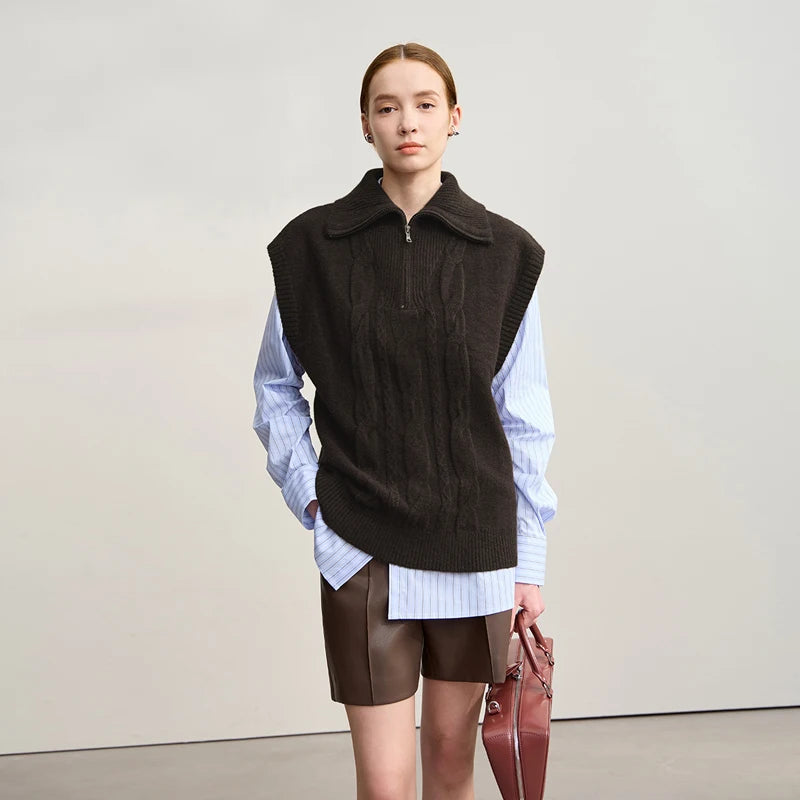 Schwarze Strickweste für Damen mit Stehkragen und Reißverschluss, ärmellos