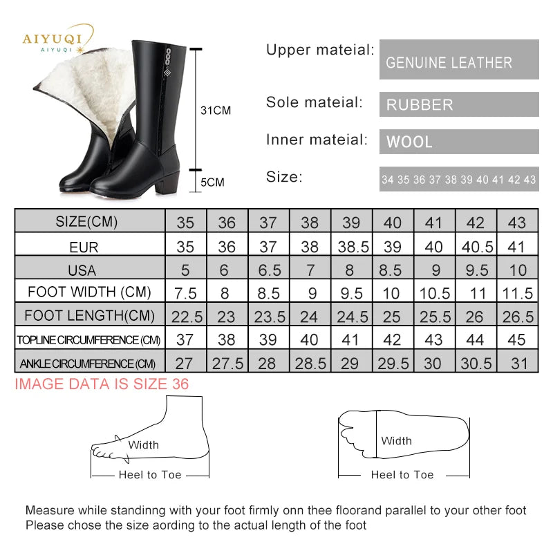 Größentabelle für AIYUQI Winterstiefel: Obermaterial Leder, Sohle Gummi, Innen Wolle