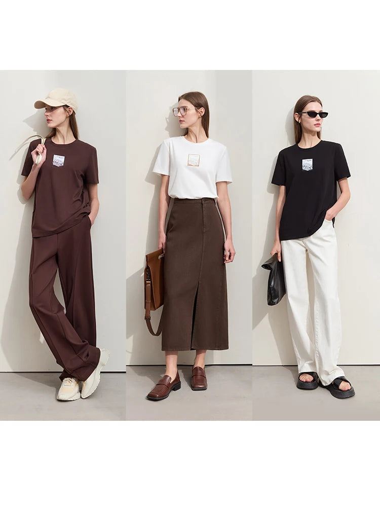 Damen T-Shirt aus Baumwolle mit lässigem O-Ausschnitt und modischer Stickerei