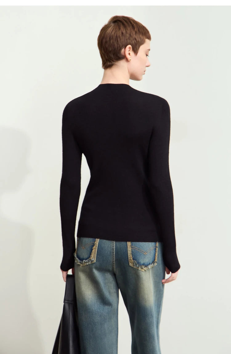 Damen-Strickpullover mit Halbrollkragen, langarm, einfarbig schwarz, gerade Passform