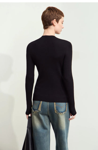Damen-Strickpullover mit Halbrollkragen, langarm, einfarbig schwarz, gerade Passform