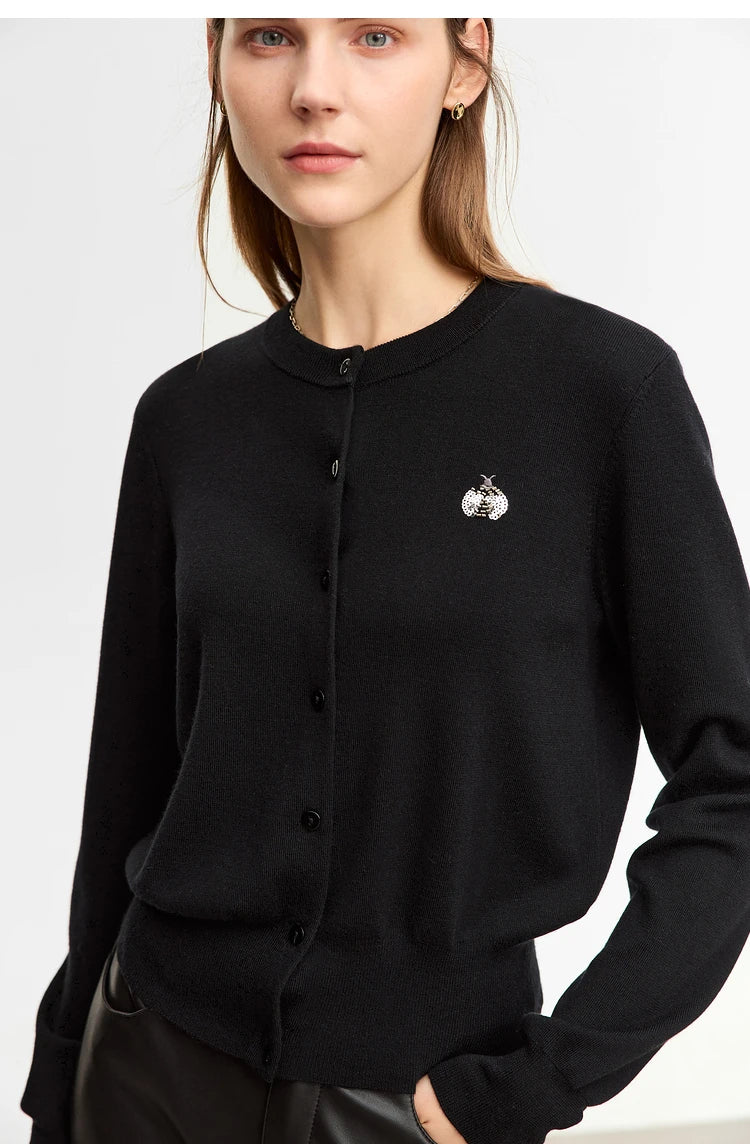 Damen-Rundhals-Strickjacke Wolle-Seide Perlenstickerei Knöpfe Herbst-Winter