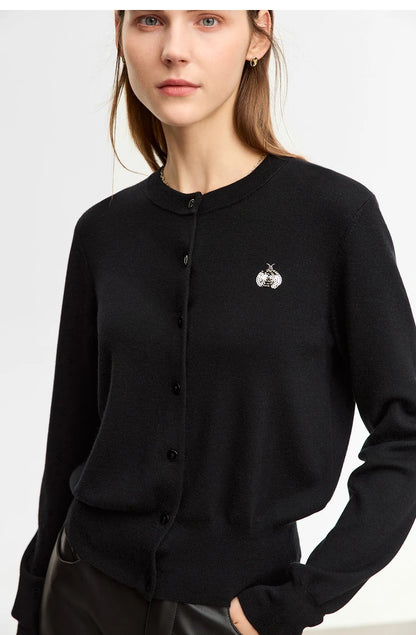 Damen-Rundhals-Strickjacke Wolle-Seide Perlenstickerei Knöpfe Herbst-Winter