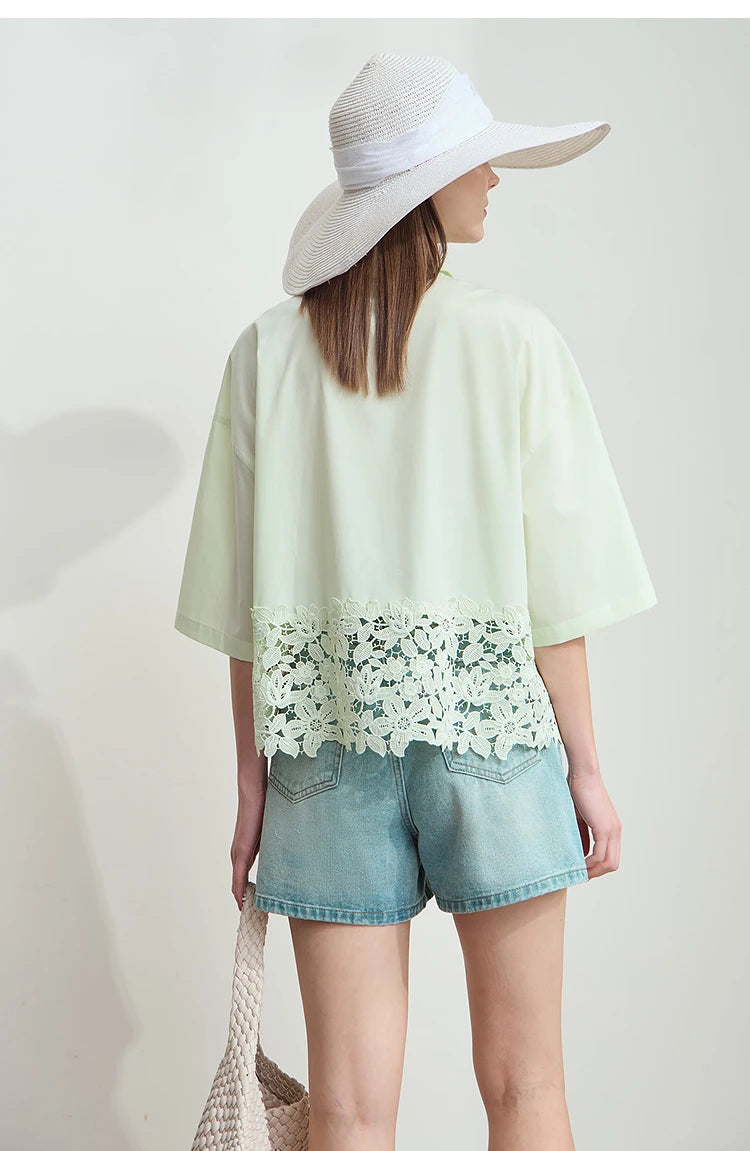Damen Kurzarm Shirt mit drehbarem Kragen und solider Aushöhlung