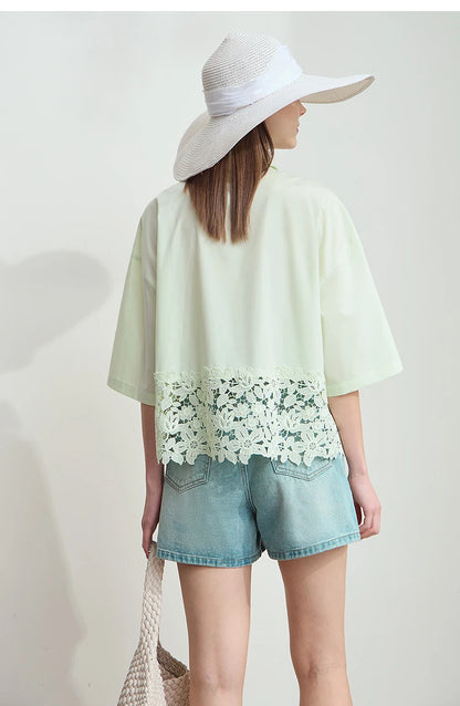 Damen Kurzarm Shirt mit drehbarem Kragen und solider Aushöhlung