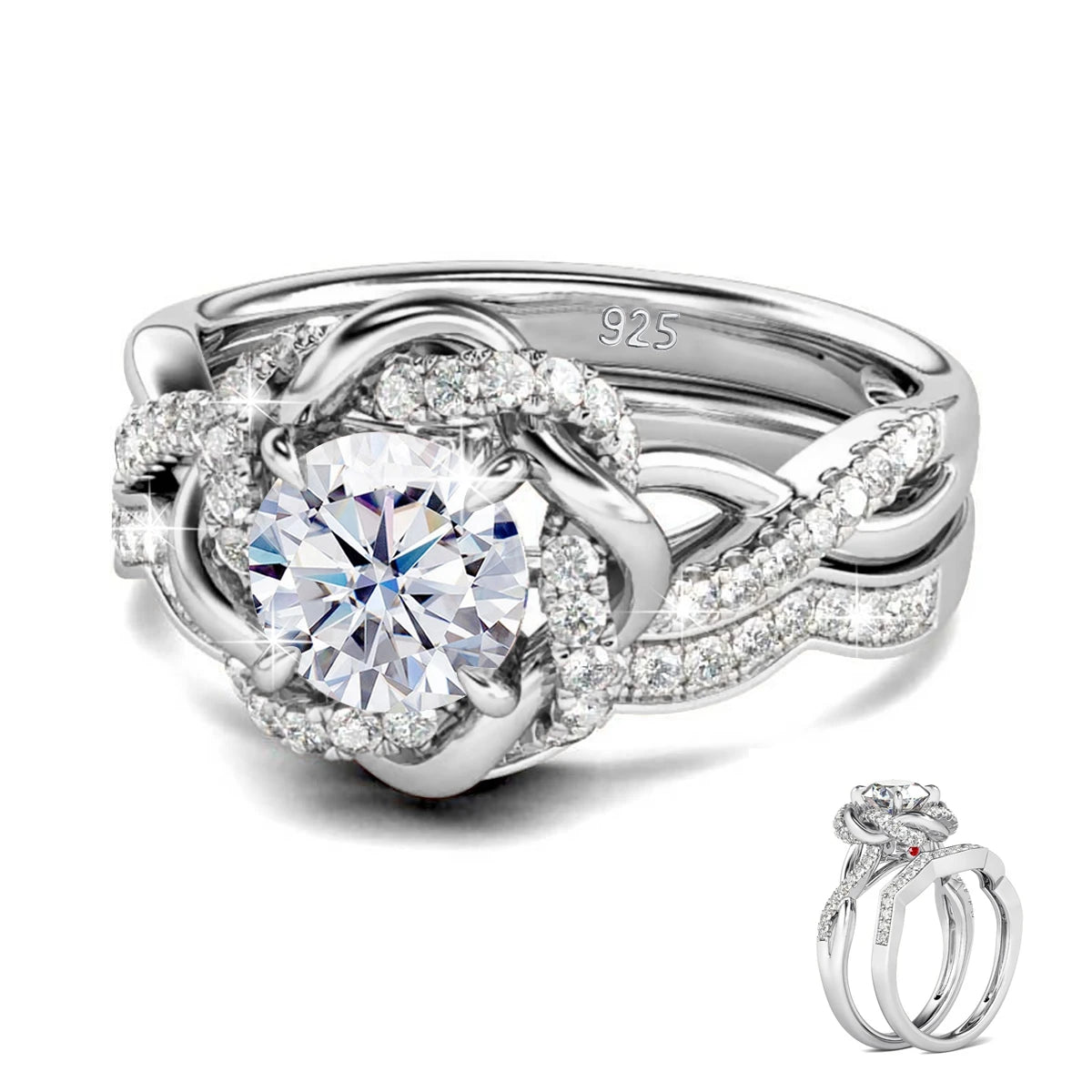 Damen-Ringe-Set aus 925 Sterling Silber mit Moissanit Steinchen und Blüten-Design für Verlobung und Hochzeit