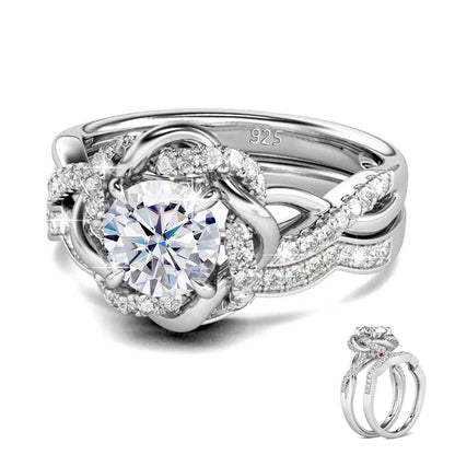 Damen-Ringe-Set aus 925 Sterling Silber mit Moissanit Steinchen und Blüten-Design für Verlobung und Hochzeit