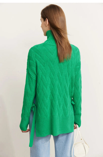 Damen-Rollkragenpullover locker Schnürung Herbst-Winter