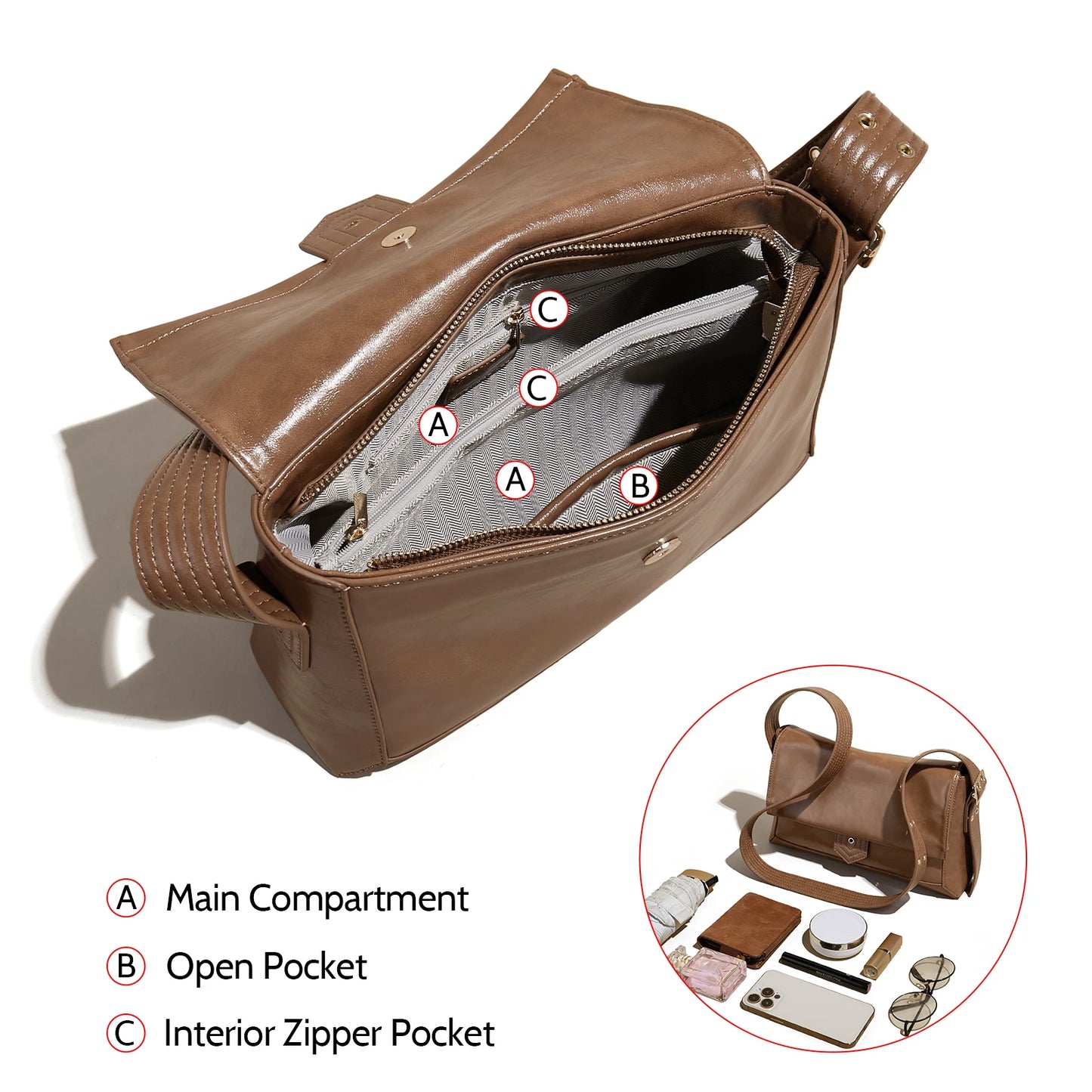 Damen Schultertasche aus Spaltleder und PU im Retro-Stil