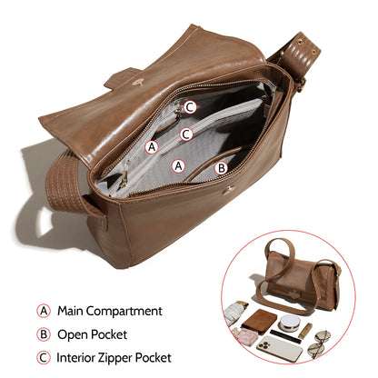 Damen Schultertasche aus Spaltleder und PU im Retro-Stil