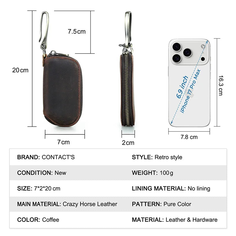 Leder-Schlüsseltasche mit Metallhaken und Reißverschluss, dunkelbraun