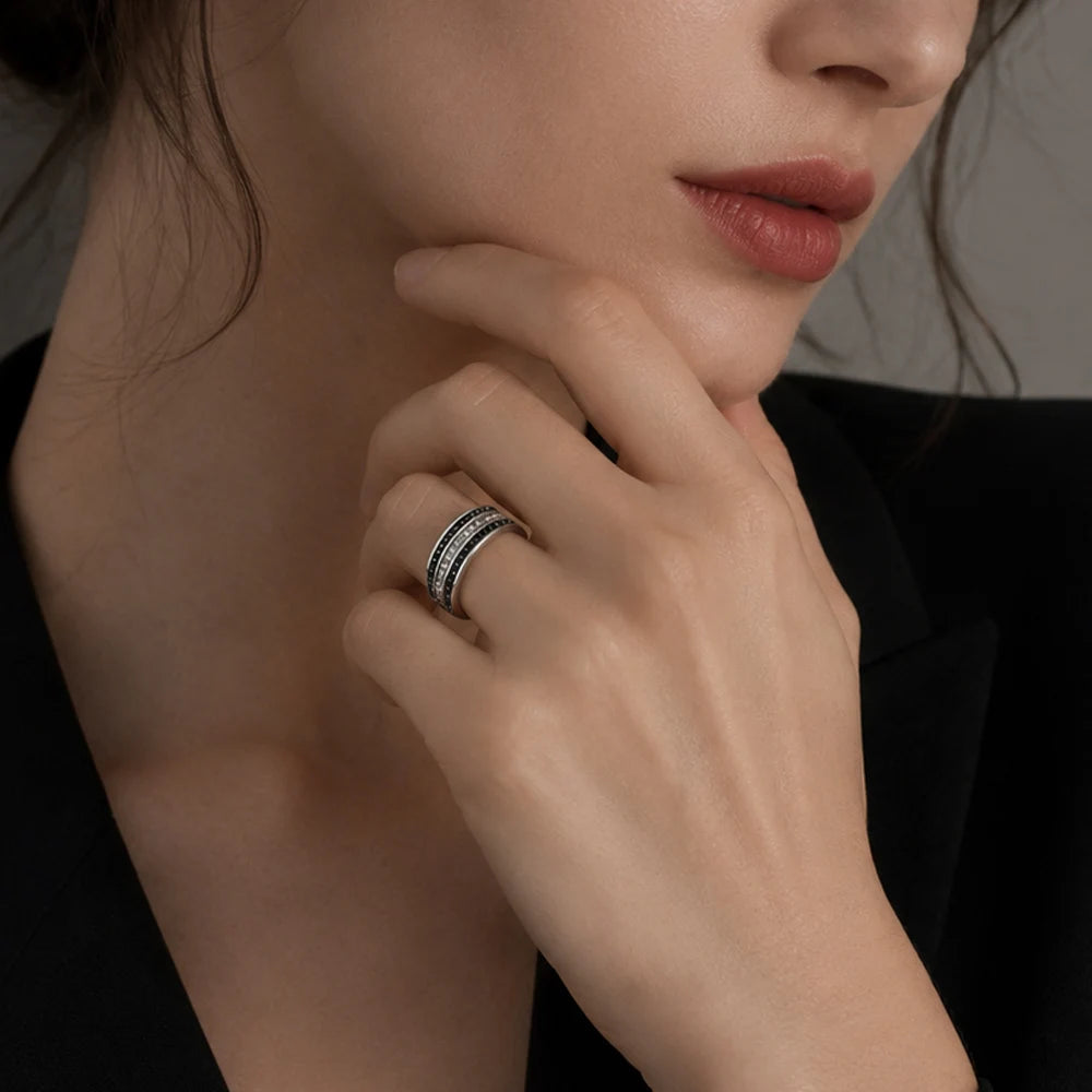 Damen-Bandring schwarzes Zirkonia-Pavé Vintage aus Sterlingsilber