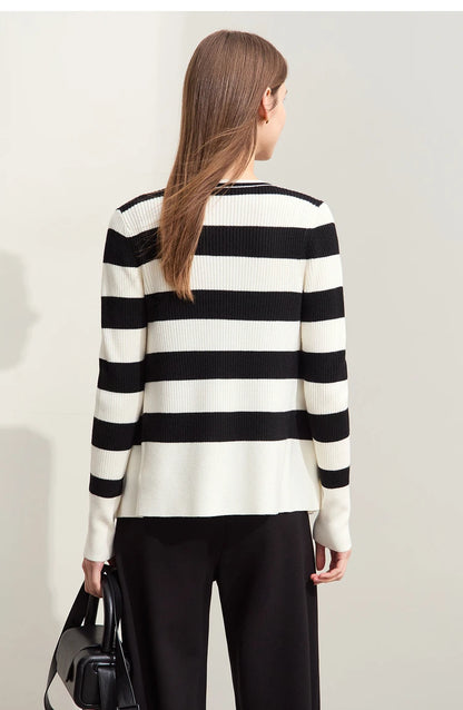 Damen-Strickjacke Kaschmir-Wolle Slim Streifen Reißverschluss Herbst