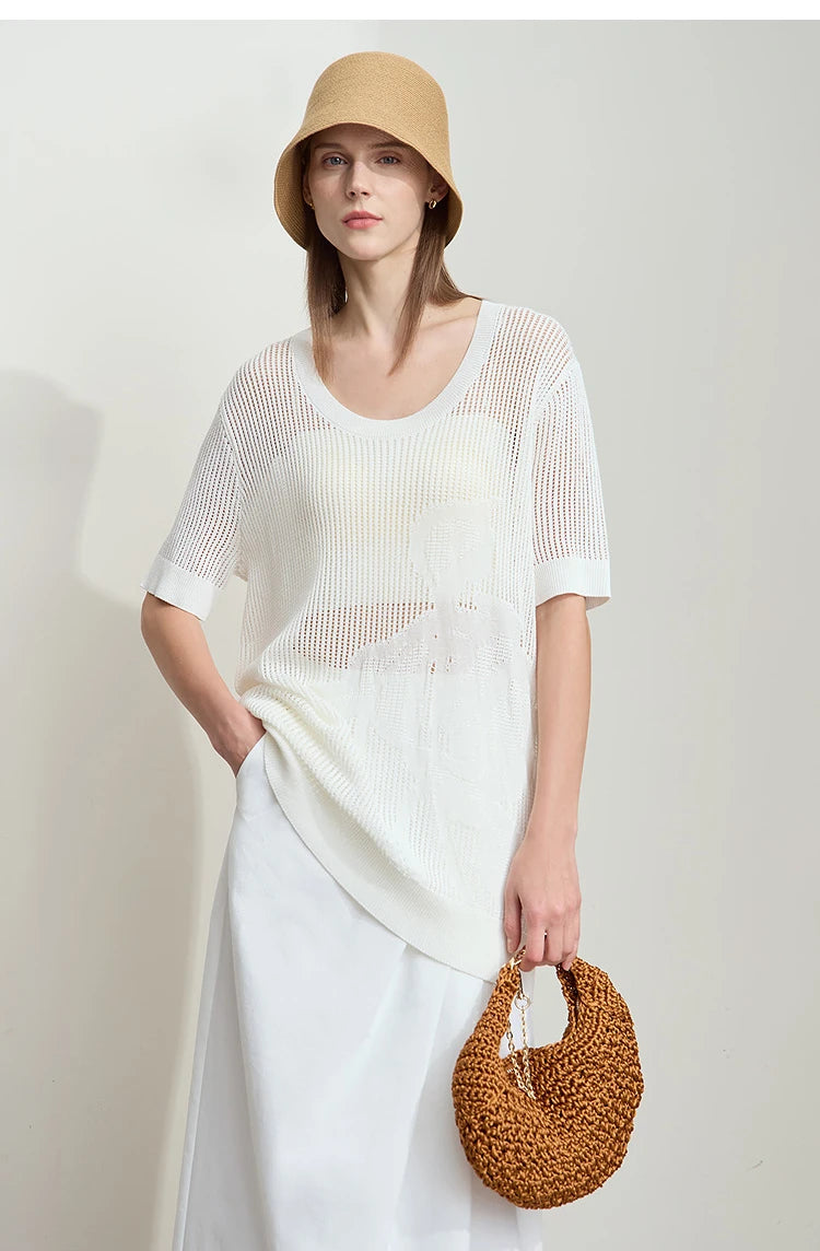 AMII Damen-Pullover, Kurzarm, U-Ausschnitt, weiß mit feinem Lochmuster-Jacquard