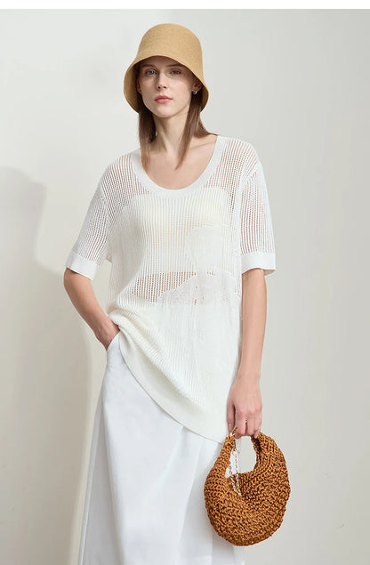AMII Damen-Pullover, Kurzarm, U-Ausschnitt, weiß mit feinem Lochmuster-Jacquard