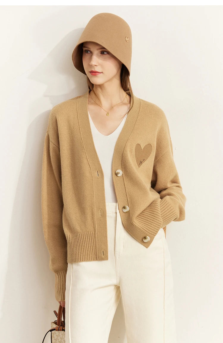 Damen-Strickjacke V-Ausschnitt Wollstickerei locker romantisch Winter