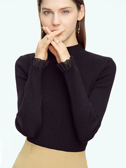 Damen-Strickpullover mit Stehkragen, langärmlig, schwarzer Rippenstrick