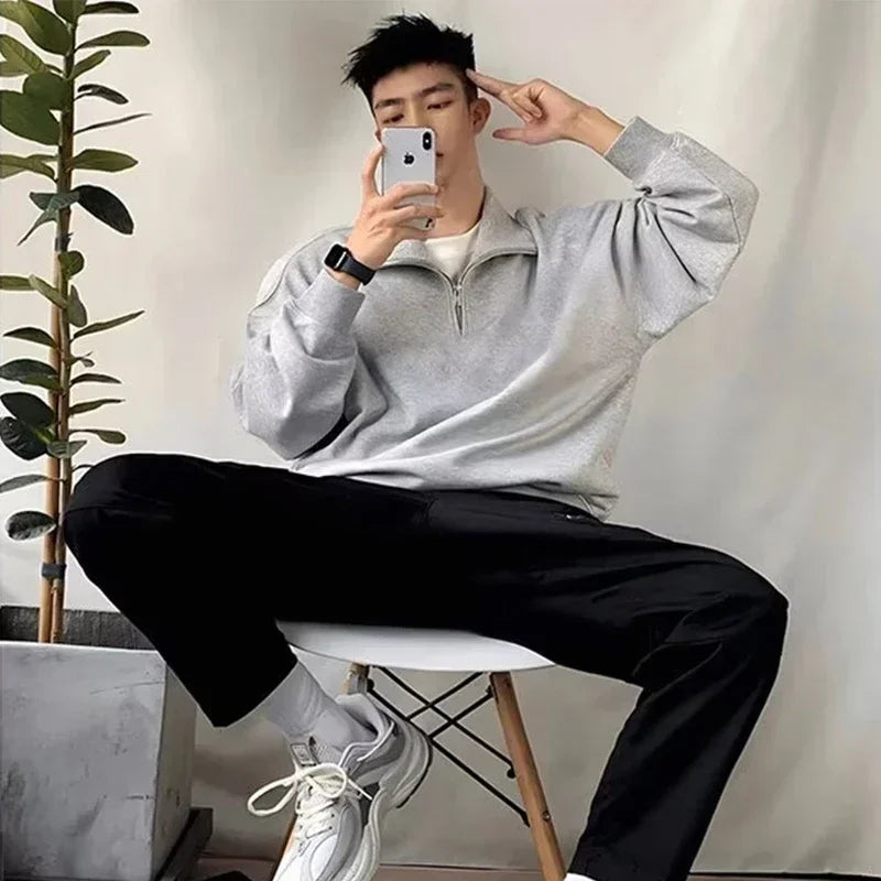 2023 neue Koreanische Mode Halb-reißverschluss Sweatshirts Für Männer Frühling Stehkragen Pullover Hoodies Y2K Vintage Solide trainingsanzug Hombre