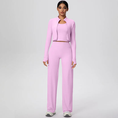 Rosa Yoga-Set für Damen: Crop-Jacke und weite Hose, schlichter Schnitt, Frontansicht