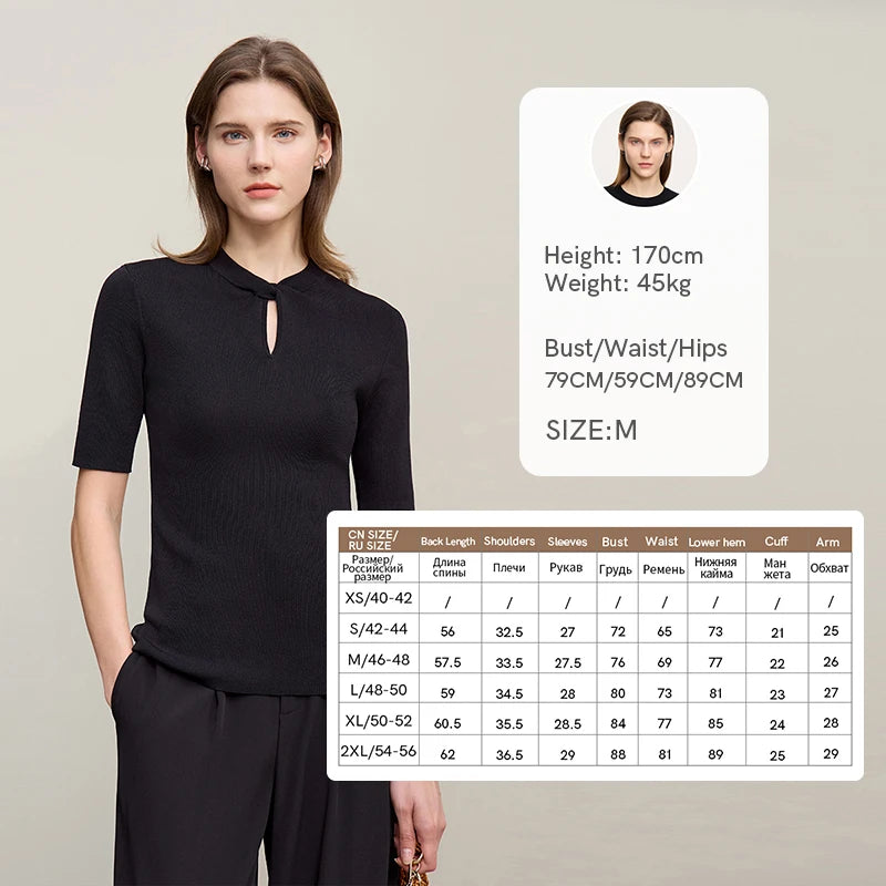 Damen-Strickshirt mit Halbarm und geknoteter Aussparung, schwarz