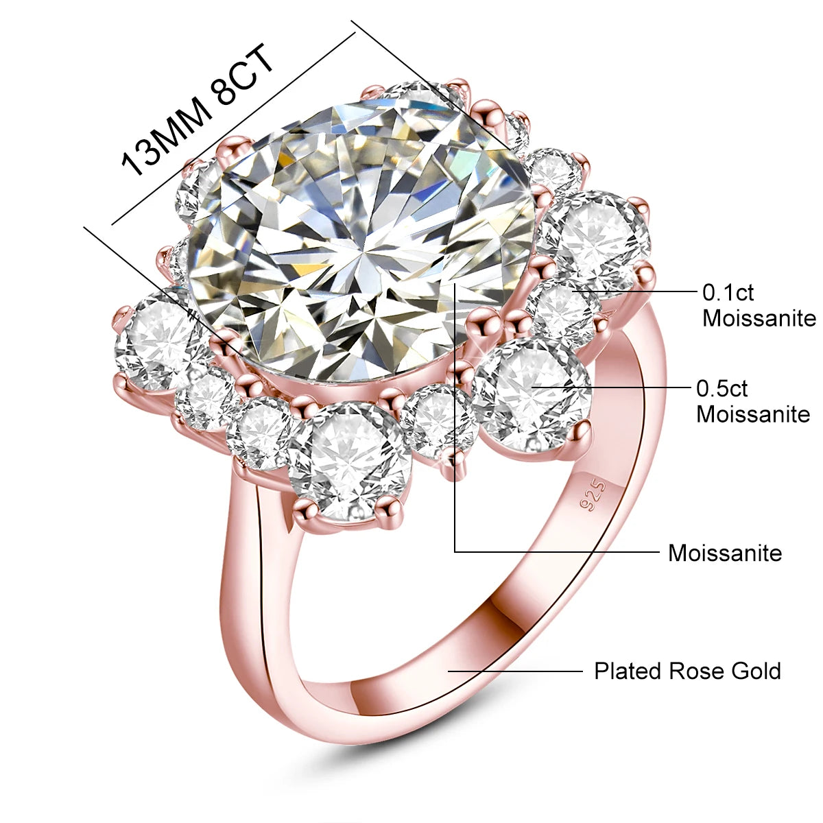 Damen-Ring Moissanit 8ct Rundschliff 13mm Zertifiziert für Verlobung oder Hochzeit