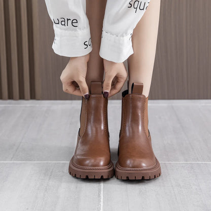 Damen Chelsea Boots aus Leder, braun, kurze Stiefelette mit Elastikeinsatz und Blocksohle